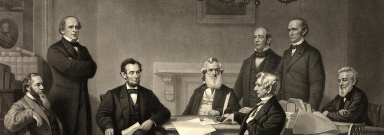 This is a depiction of Lincoln sitting with his Cabinet members.